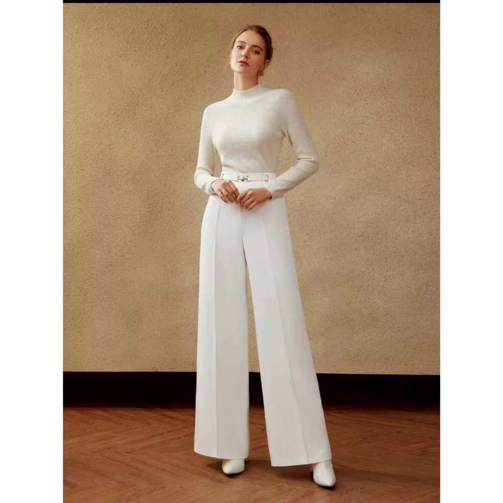 MOTF Premium Wide Leg Belt Details Suit Pants in White XS NWT